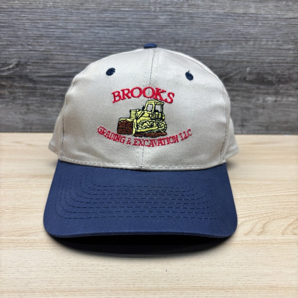 Vintage Brooks Grading & Excavation Cap Strap Back Beige Navy Embroidered Cobras
